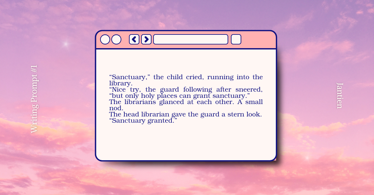 Purple and pink clouds with a pop up window that has the writing prompt in the post in it.